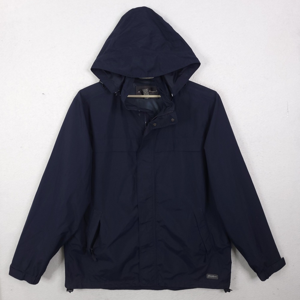 Eddie Bauer Windbreaker Jacket Men XL Tall Navy Blue Hooded Full Zip 1612 Hiking